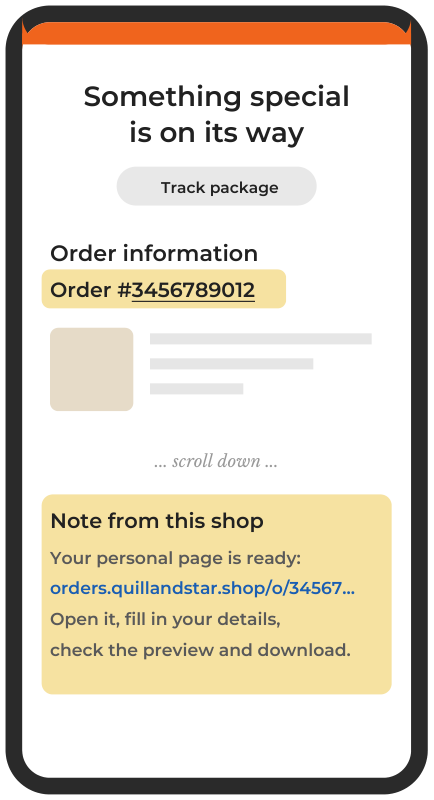 Etsy order email: the order number near the top, and a direct link in the Note from this shop further down